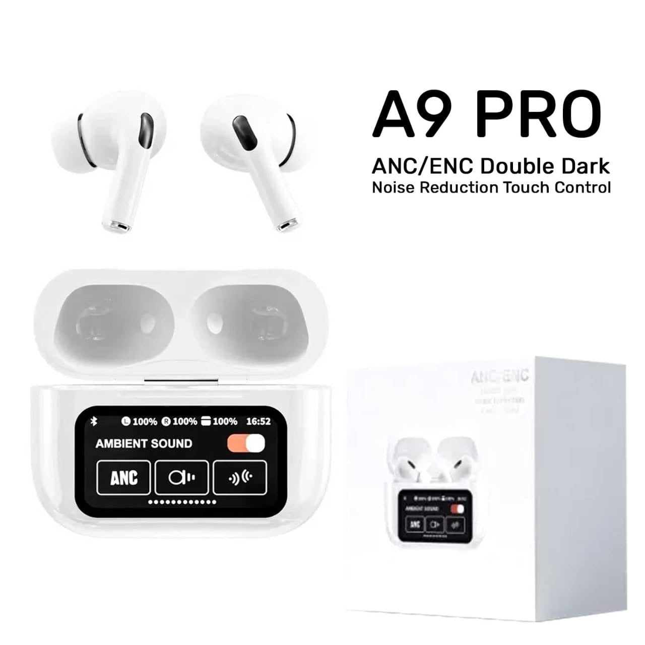 A9 Pro AirPods  – ANC & ENC Noise Reduction, Touch Control, Boosted Bass, Wireless Earbuds for Android & iOS