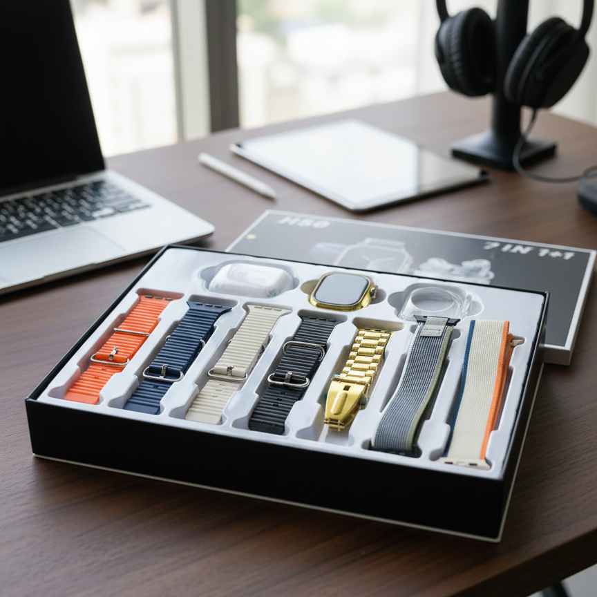 H50 Smart Watch 7‑in‑1 Set | Golden Design | With AirPods pro 5 & Accessories