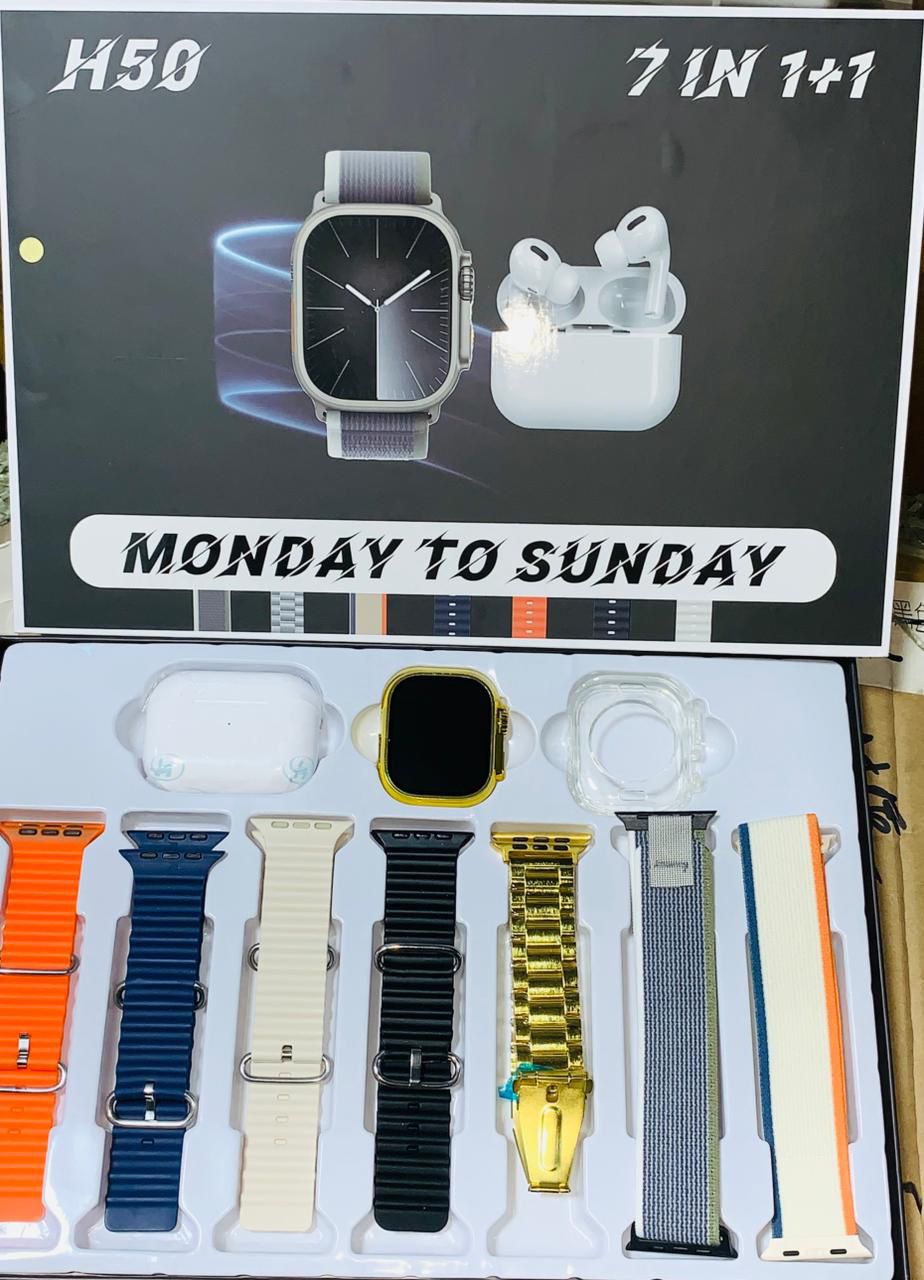 H50 Smart Watch 7‑in‑1 Set | Golden Design | With AirPods pro 5 & Accessories