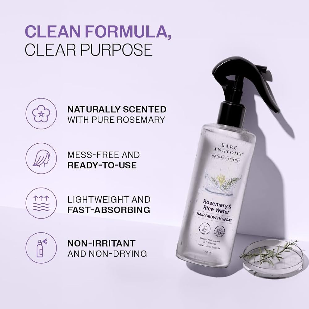 Bare Anatomy Nature Rosemary Water Spray For Hair Growth & Hair Thickness With Rice Water |100% Natural Extract | Soft & Smooth Hair| Controls Hairfall| Non-Greasy & Fast Absorbing | 200ml