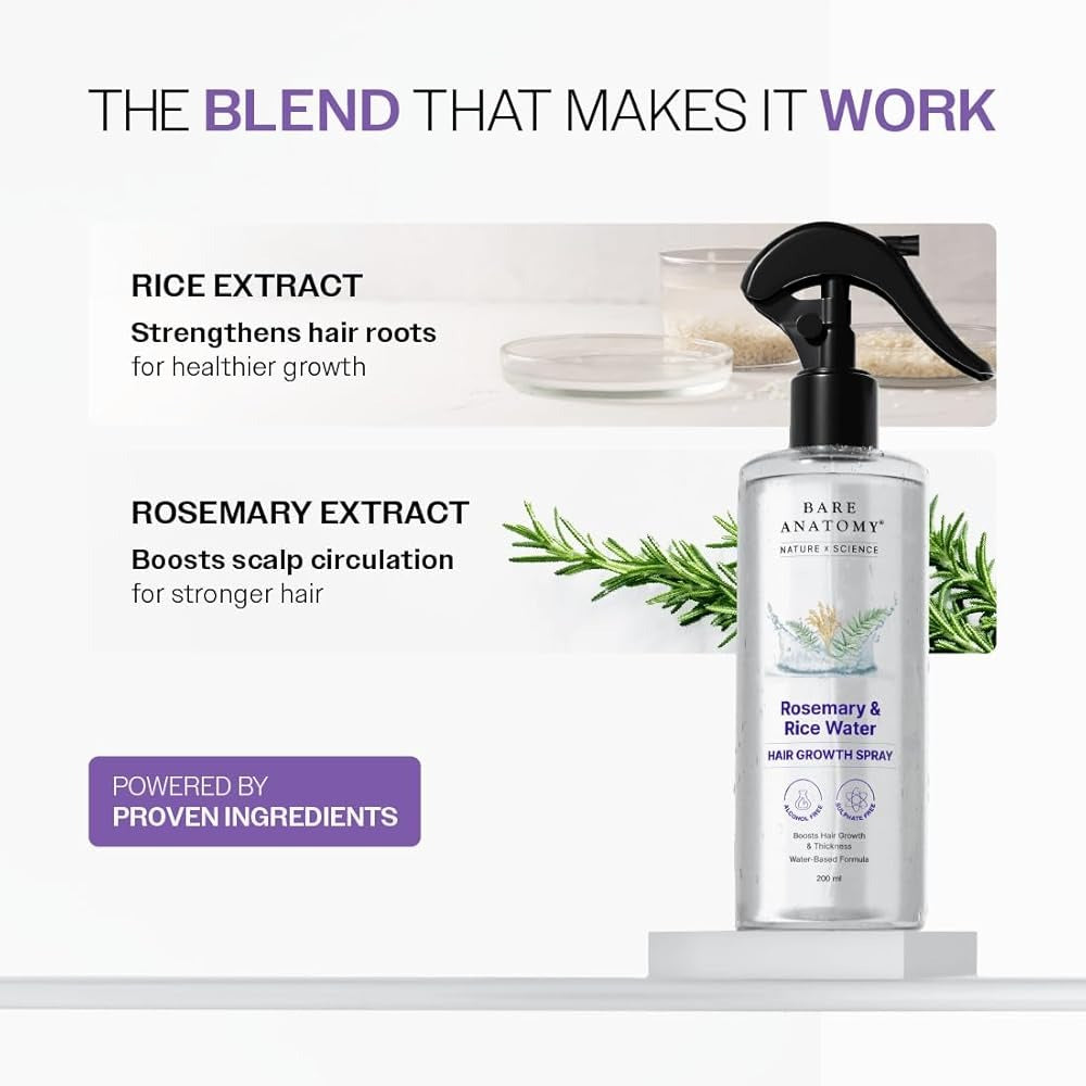 Bare Anatomy Nature Rosemary Water Spray For Hair Growth & Hair Thickness With Rice Water |100% Natural Extract | Soft & Smooth Hair| Controls Hairfall| Non-Greasy & Fast Absorbing | 200ml
